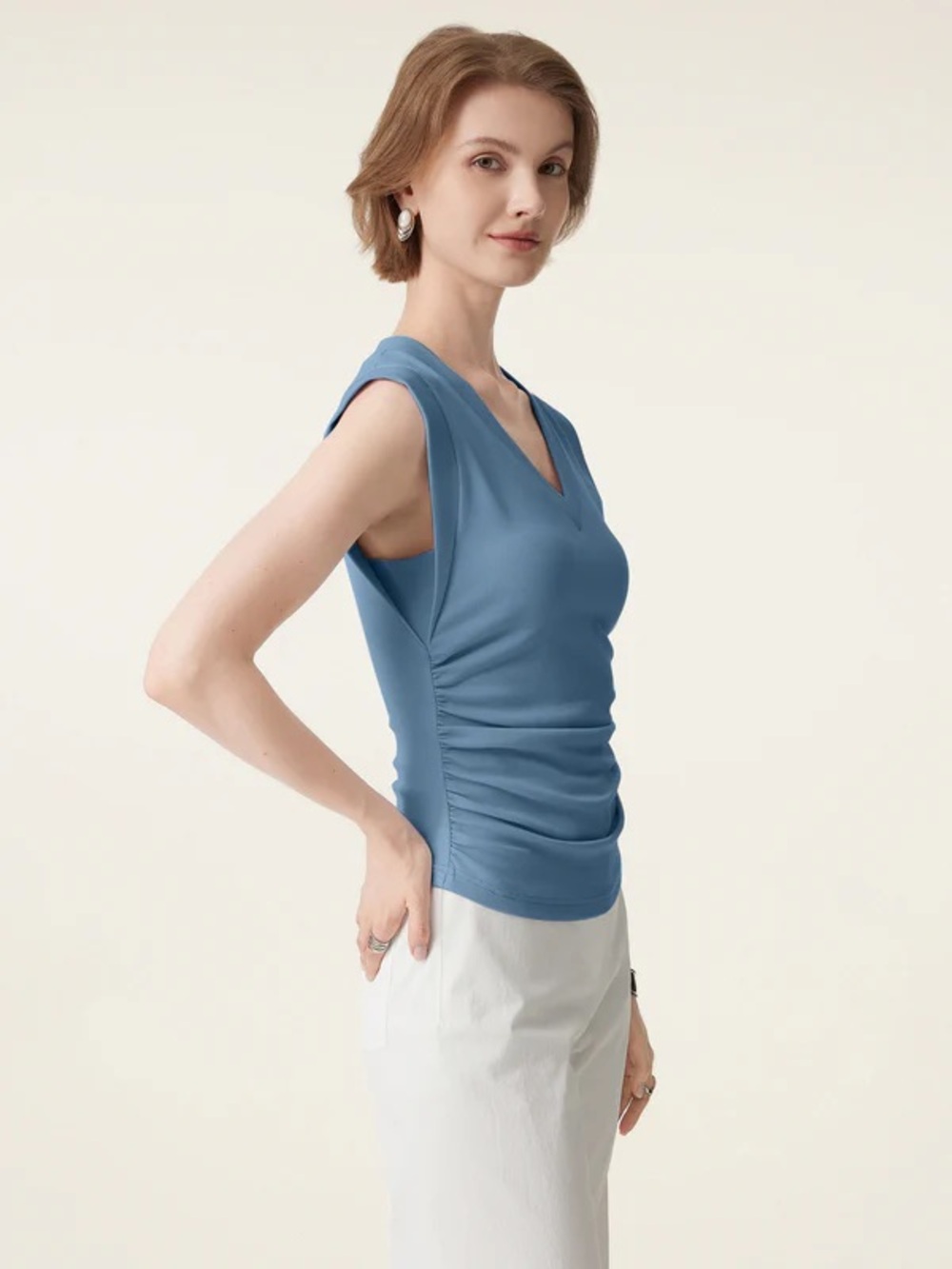 OGL Stretch Cotton V-neck Side Ruched Muscle Bra Top - Picture 2 of 3